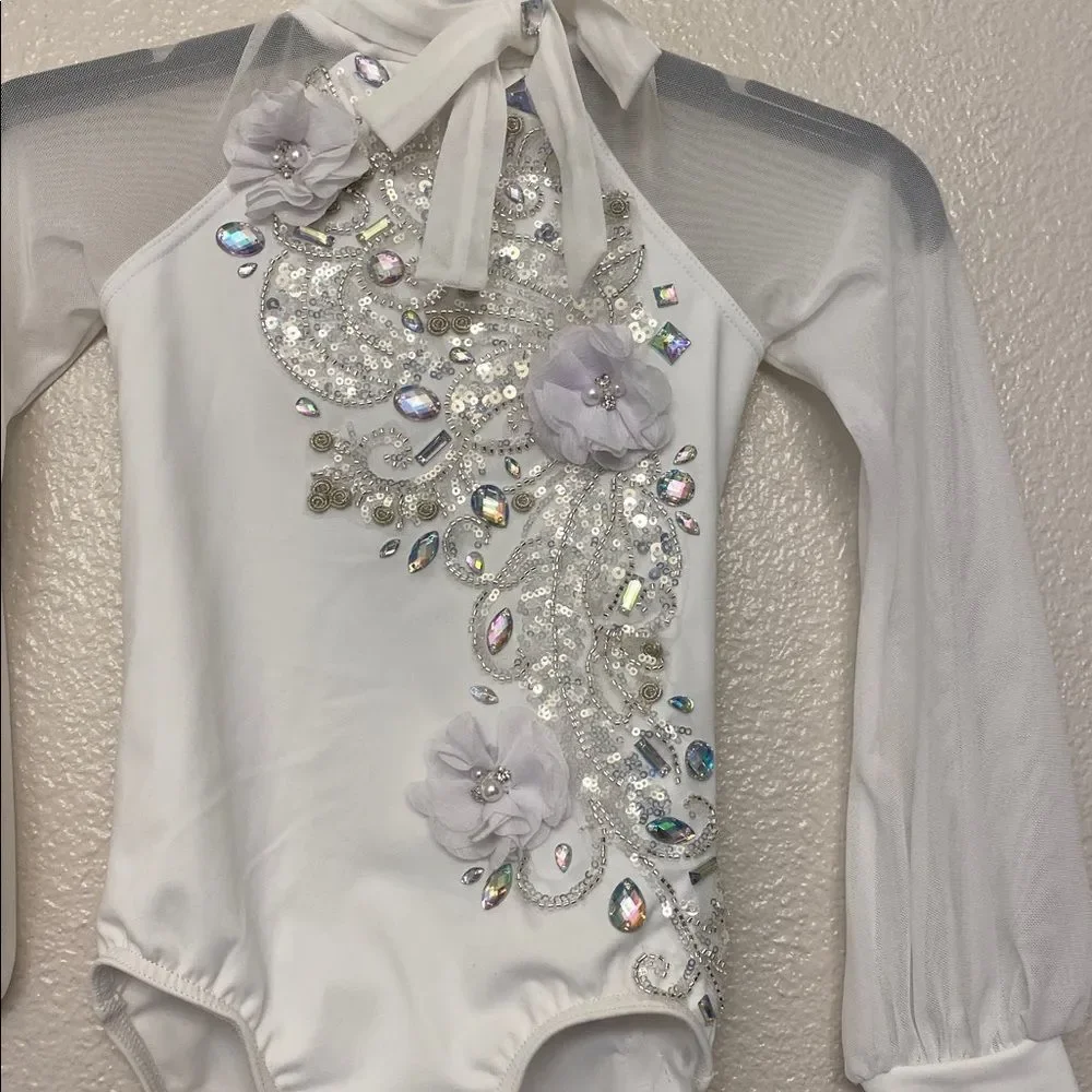 Weissman Balera solo Dance costume white custom poet sleeve Leotard MT11449 SC 6